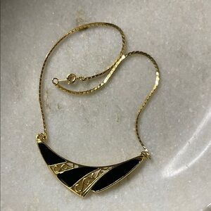 Gold Tone Black Enamel Statement Necklace